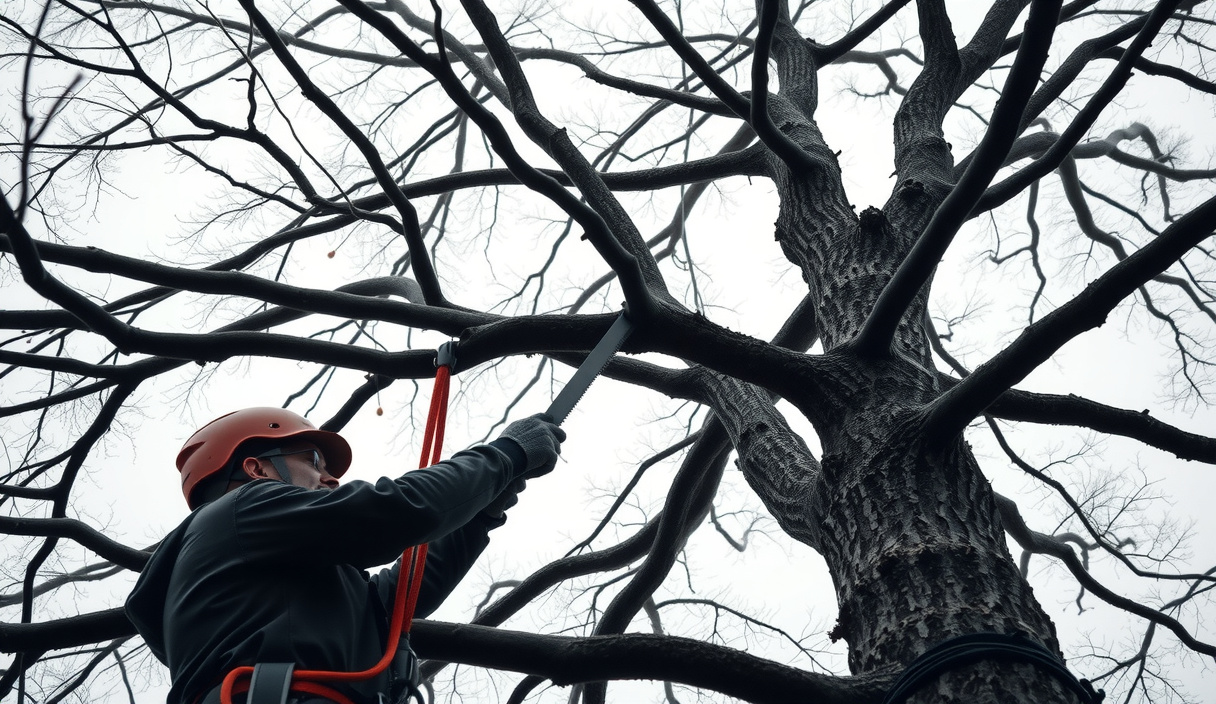 A tree climber in a helmet and climbing saddle, secured on rope high in the leafless winter crown of a large oak, making a pruning cut at a branch union with a hand saw