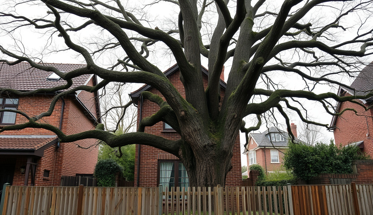 Large mature hardwood growing close beside a two-storey brick house with heavy limbs extending over the roofline and a narrow fenced side garden limiting ground access