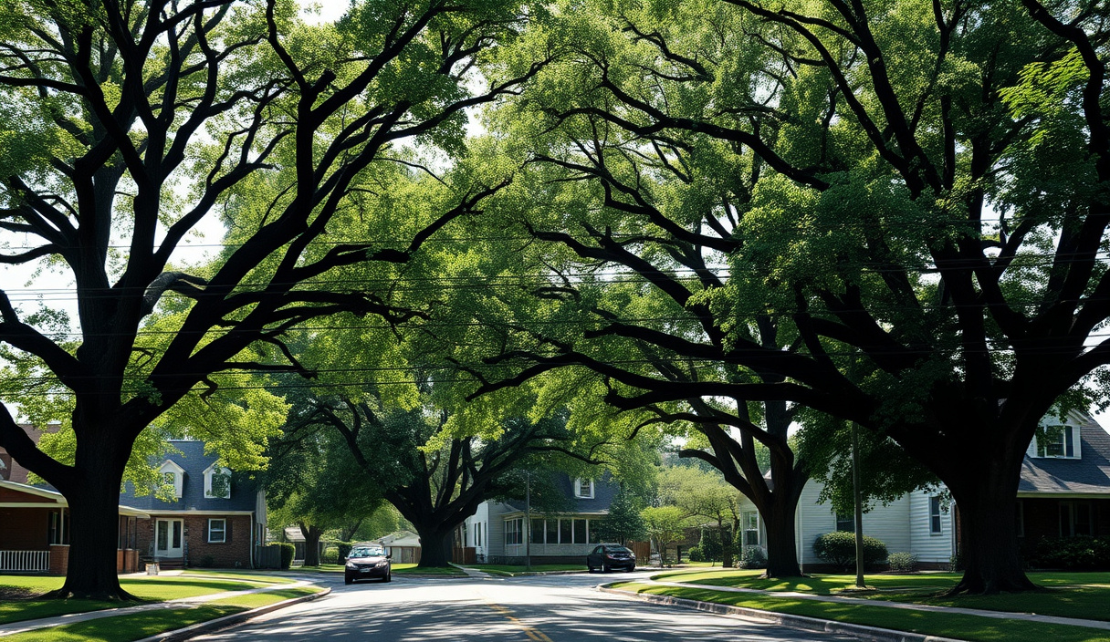 Mature oak and tulip poplar canopy arching over a mid-century suburban street of single-storey brick houses in late afternoon light